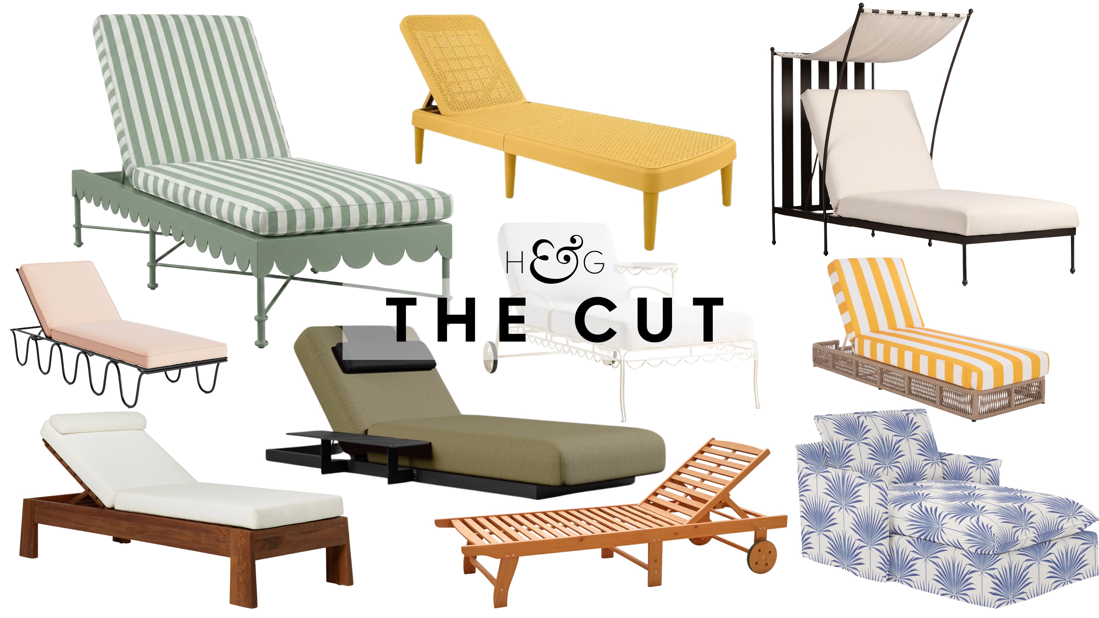 Chaises longues d'extérieur de styles variés, allant du fantaisiste au cabana-club traditionnel, photographiées sur fond blanc