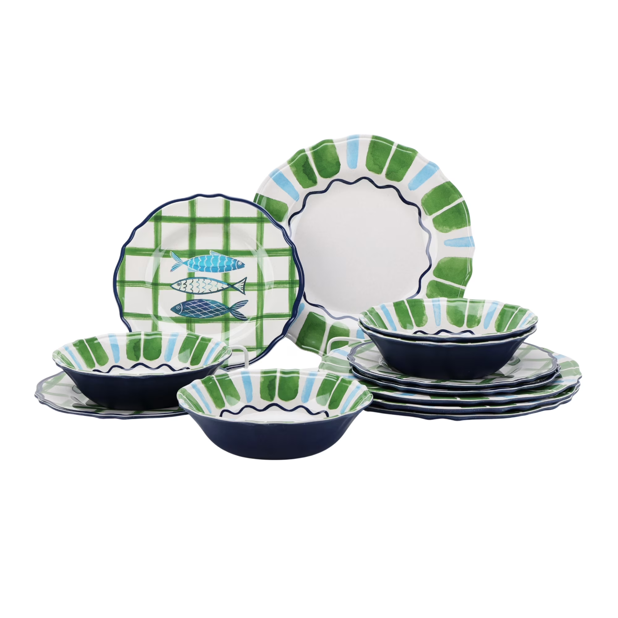 un service de vaisselle vert, blanc et bleu avec des motifs de sardines dessus
