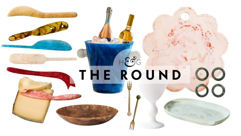 Resin tableware, including a set of cheese knives, chip-and-dip server, ice bucket, tray, set of napkin rings, sculptural goblet, and tricolor vase, pictured against a white background