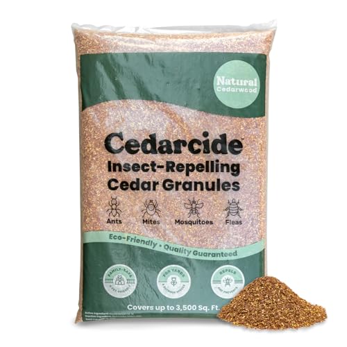 Granulés de cèdre originaux Cedarcide &ndash; Puces, tiques, moustiques et amp;amp; Répulsif contre les araignées pour cour, pelouse, patio et amp; Jardin - ndash; Lutte contre les insectes en extérieur - pour une utilisation autour des animaux domestiques, des enfants et des animaux domestiques. Famille (8 lb couvre 3 500 pieds carrés)