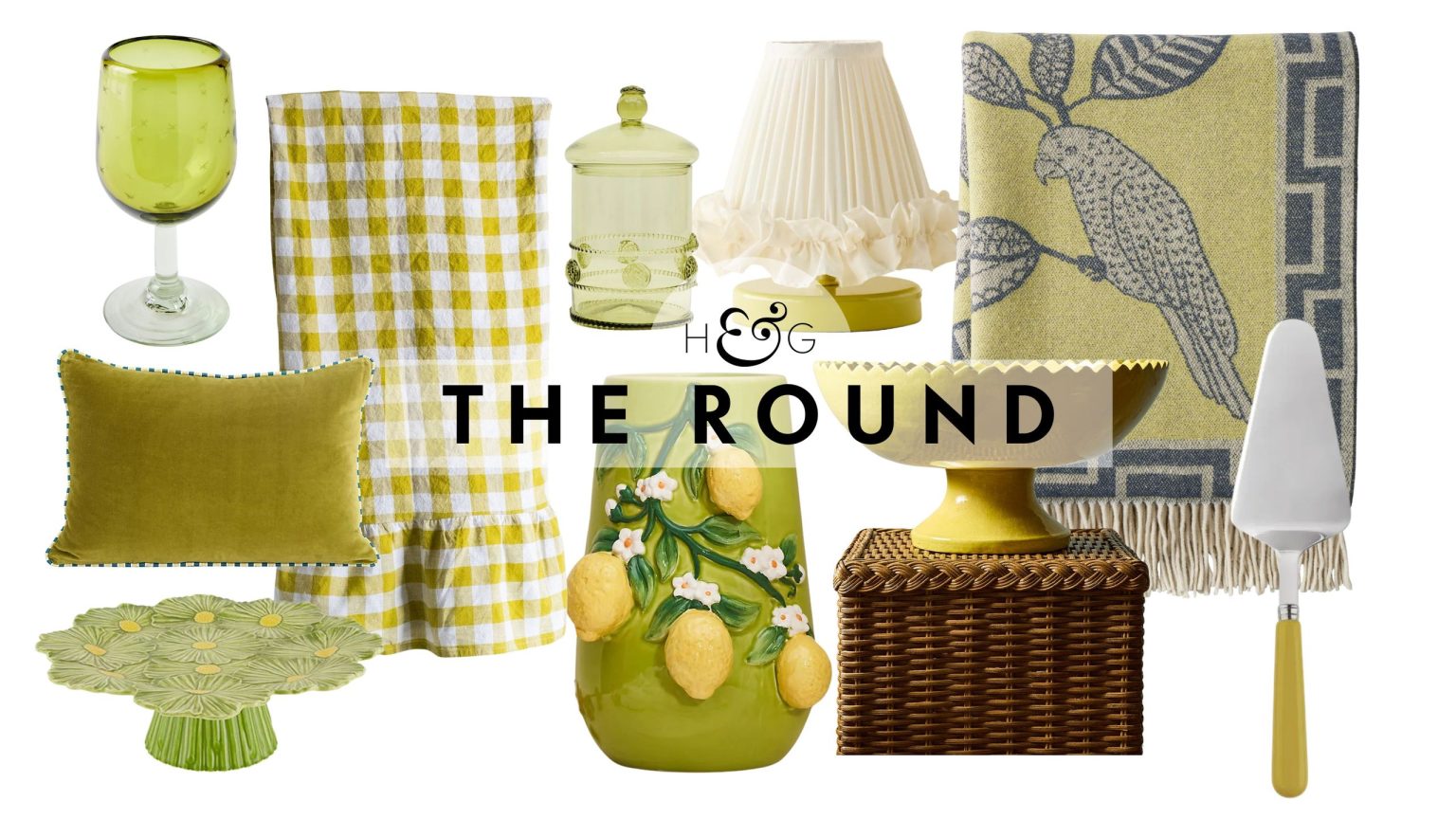Citron green decor, including a wine stem, velvet pillow, cake stand, tablecloth, vase, bonbonniere, table lamp, pedestal bowl, tart server, and throw blanket, pictured against a white background