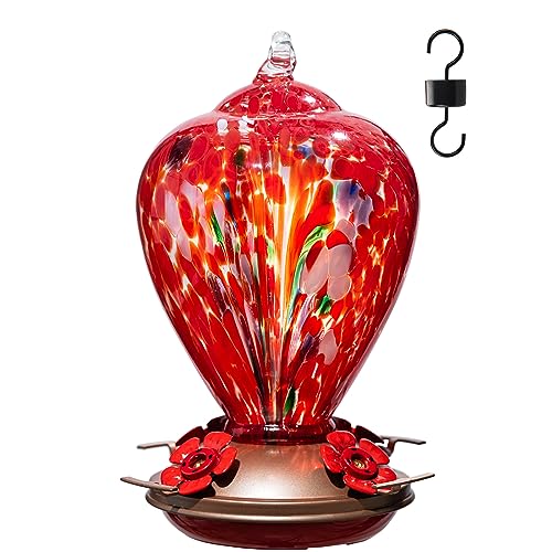 Laelvish Garden Gifts for Mom Mangeoires à colibris en verre soufflé à la main de 34 oz pour l'extérieur à suspendre, avec mangeoires à colibris à fourmis, cadeaux de décoration de porche et d'arrière-cour pour femmes (ballon floral)