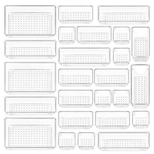 Vtopmart Lot de 25 organiseurs de tiroirs en plastique transparent, 4 tailles polyvalentes pour salle de bain et vanité, bacs de rangement pour maquillage, chambre à coucher, gadgets de cuisine, ustensiles et bureau