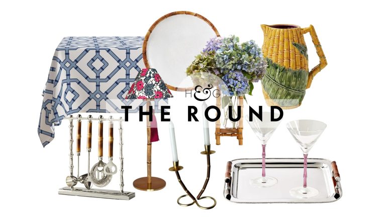La vaisselle en bambou est la tendance la plus chère qui fait son retour cet été – Achetez l’aliment de base de la société qui est à nouveau partout pour 2026 Bamboo table decor, including a tablecloth, barware set, table lamp candlestick, dinner plate, case, serving tray, pair of martini glasses, and pitcher, pictured against a white background