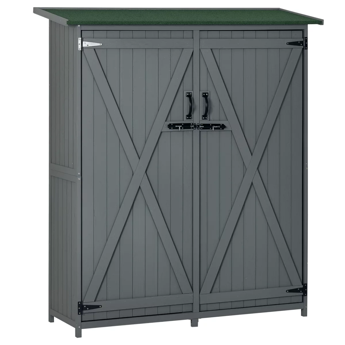 Outsunny Armoire de rangement extérieure en bois pour abri de jardin, organiseur d'outils utilitaires avec revêtement en asphalte imperméable, portes verrouillables, étagères à 3 niveaux, gris