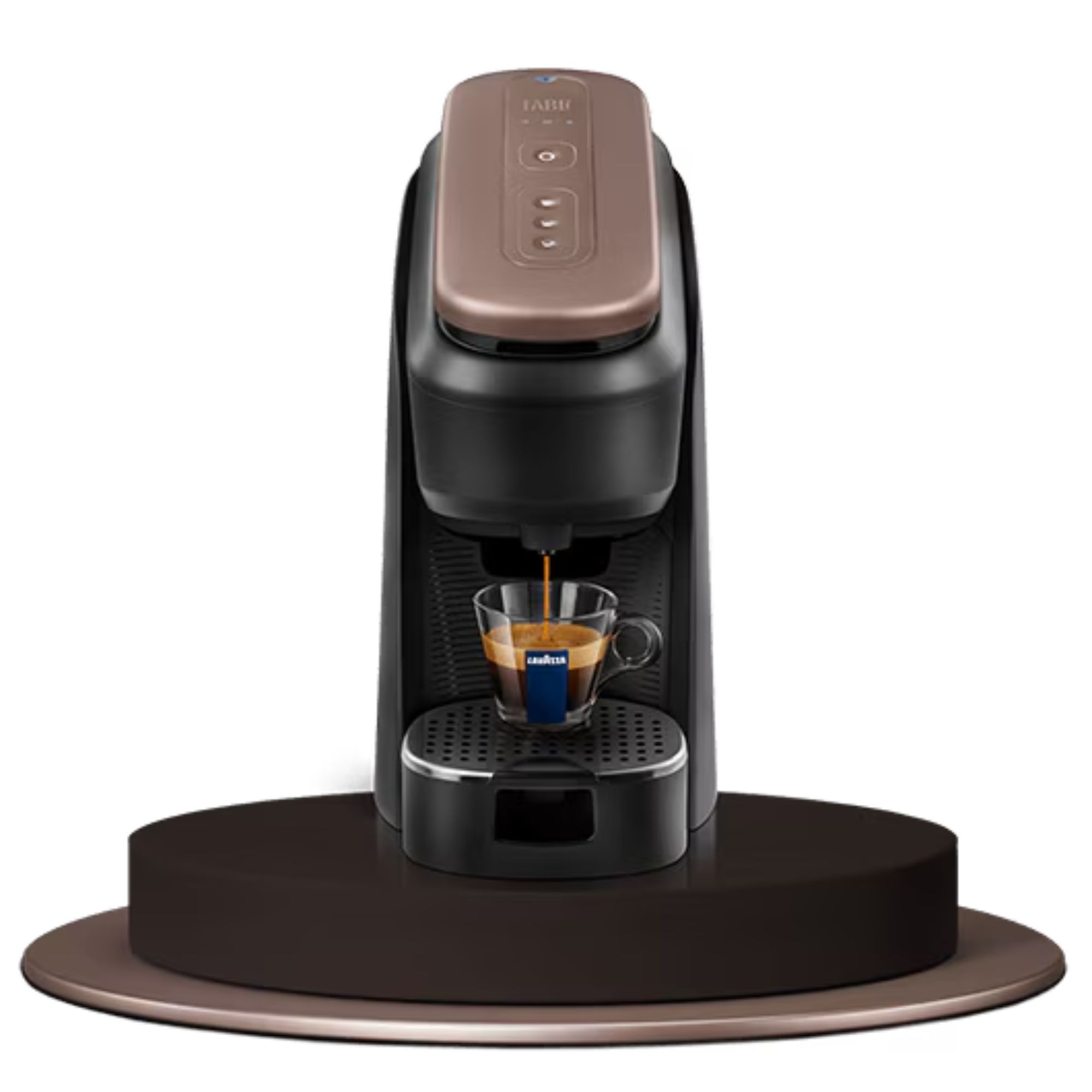 Un Lavazza Tabl&igrave noir et marron noyer; machine à expresso