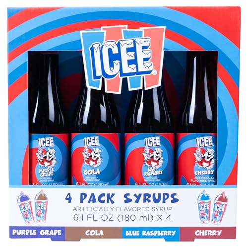 Paquet de 4 sirops Icee pour Slushie. Véritables sirops de cône de neige de glace pilée Icee comprenant des saveurs de raisin violet, de cola, de framboise bleue et de cerise. 4 X 6,1 floz. Parfait pour les cornets de neige, les barbotines, les sodas et les boissons. Sucettes glacées.