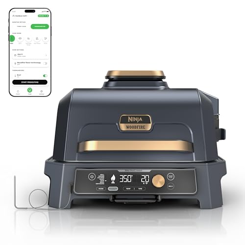 Ninja Woodfire Pro Connect Xl Grill d'extérieur et amp; Fumeur | Bluetooth, application activée | Grill 7 en 1, fumoir pour barbecue, friteuse à air extérieur | Technologie du feu de bois | Thermomètre intégré | Bleu et amp;amp; Or| Og951bl1