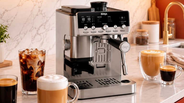 Le nouveau Ninja Luxe Café Mini Plus est la petite mise à niveau de la cuisine qui remplace les machines à café encombrantes – c’est la qualité d’un café depuis votre comptoir Ninja Luxe™ Café Mini Plus AutoFroth Espresso Machine on a marble kitchen counter beside an array of glass mugs of coffee