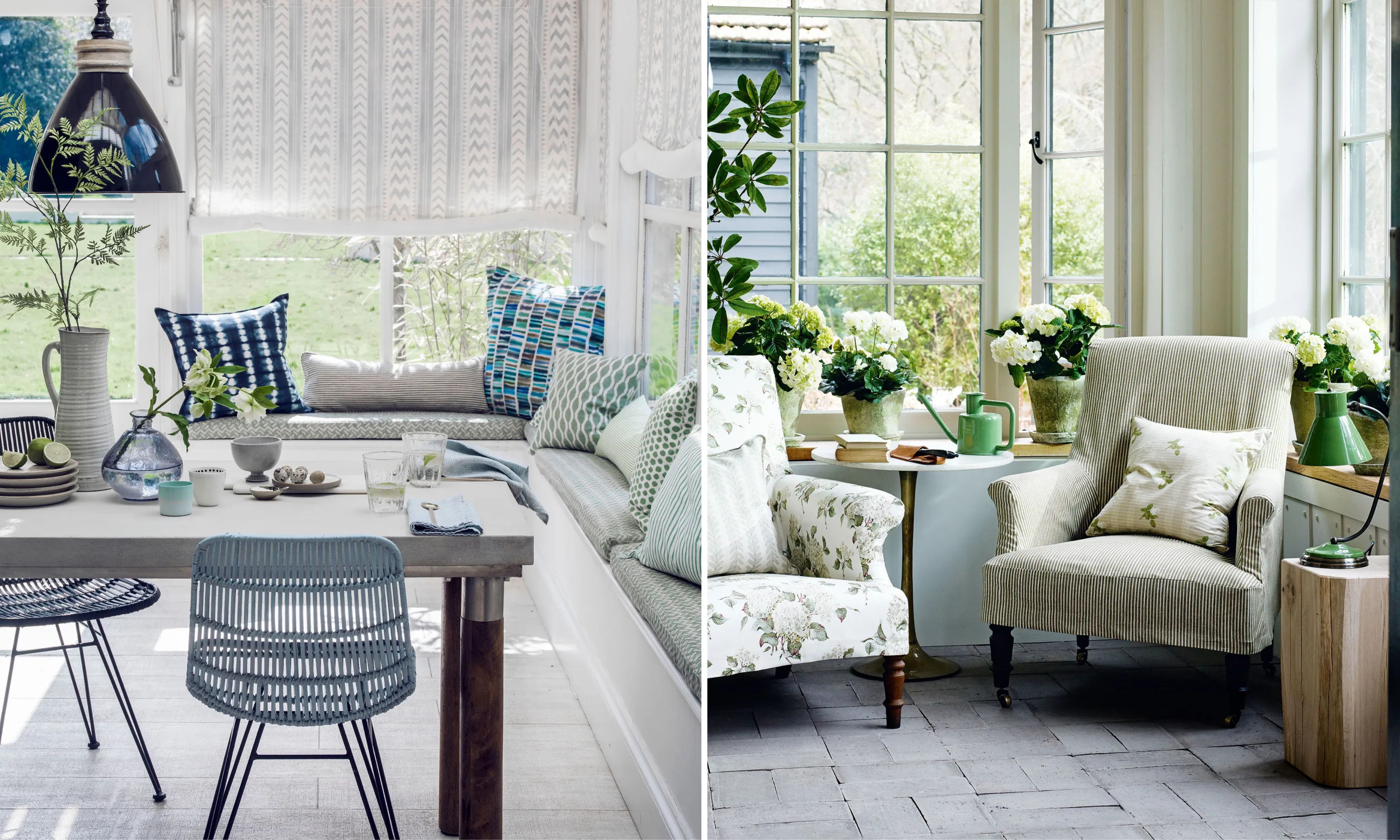 Image fractionnée : la gauche montre un espace salle à manger lumineux avec un banc intégré, des oreillers bleus à motifs et des chaises tressées. À droite, on voit une véranda avec deux fauteuils à motifs, des plantes vertes et de grandes fenêtres.
