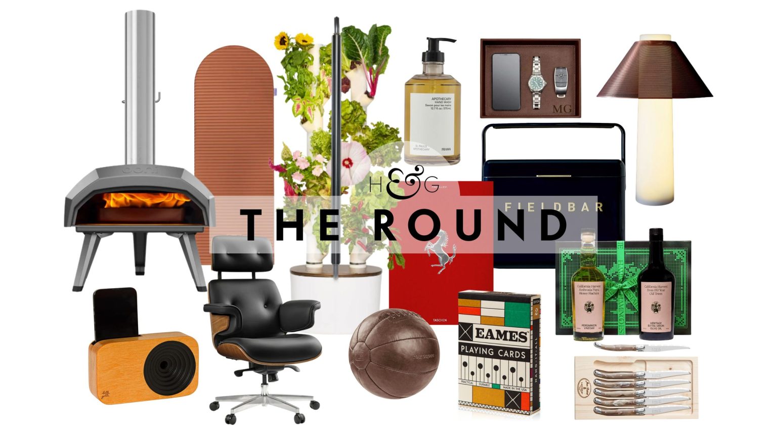 Father's Day gifts, including a pizza oven, portable speaker, office chair. exercise mat, hydroponic garden, Ferrari book, hand soap, cooler, valet tray, and more, pictured against a white background