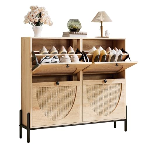Ironck Armoire à chaussures en rotin avec 4 tiroirs rabattables, armoire de rangement pour chaussures autoportante pour entrée, armoire à chaussures étroite, chêne
