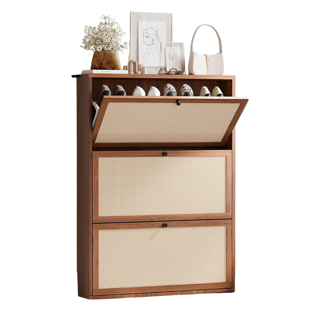 Avzear Armoire de rangement à chaussures étroite pour entrée avec panneau en lin naturel, armoire à chaussures mince autoportante avec 3 tiroirs rabattables, organisateur de chaussures en bois, étagère à chaussures fermée pour couloir, salon (noyer)