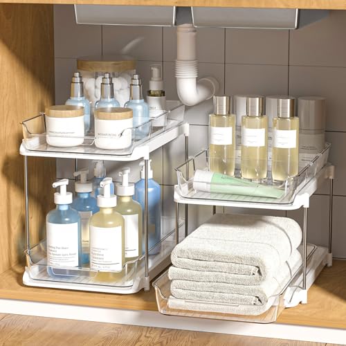 Delamu Organisateurs et rangements sous évier de salle de bain polyvalents à 2 niveaux, organisation de garde-manger de cuisine empilable, organisateur d'armoire à pharmacie extractible avec séparateurs mobiles, blanc, paquet de 2