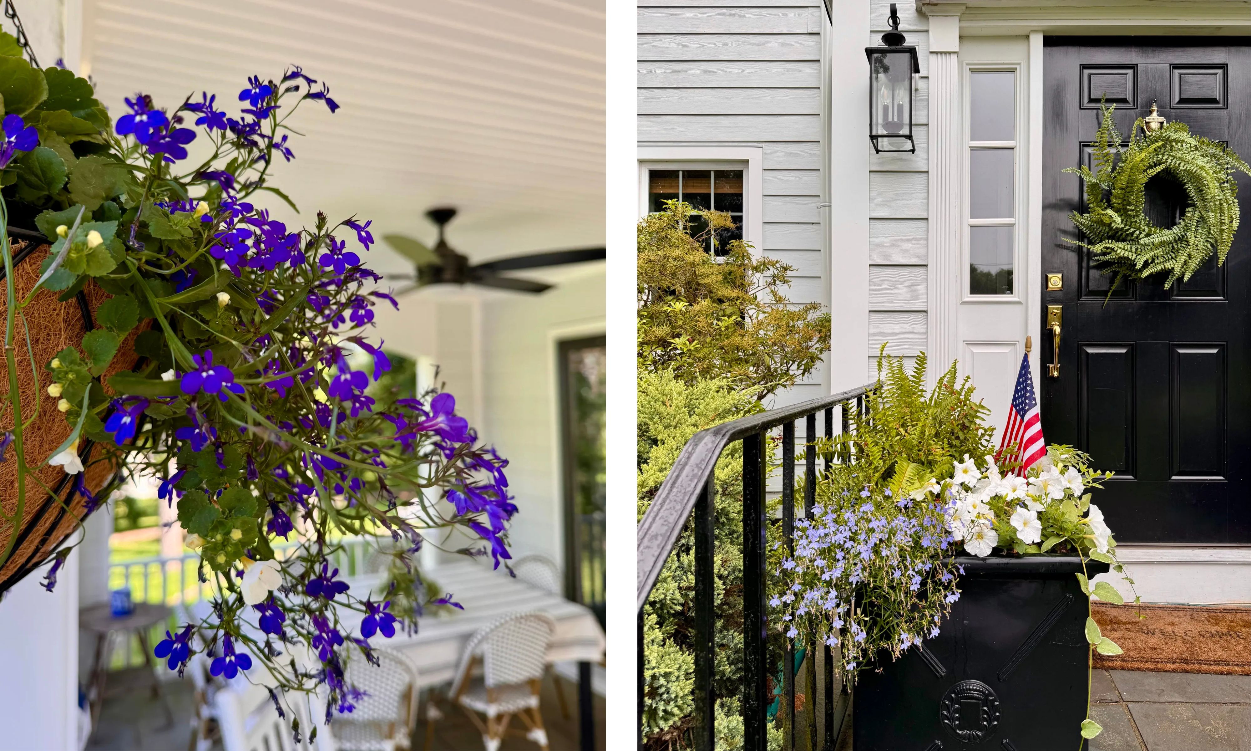 Un gros plan de fleurs violettes suspendues sur un porche à gauche ; une porte d'entrée noire avec une couronne de fougère et un pot de fleurs avec un petit drapeau américain sur la droite.