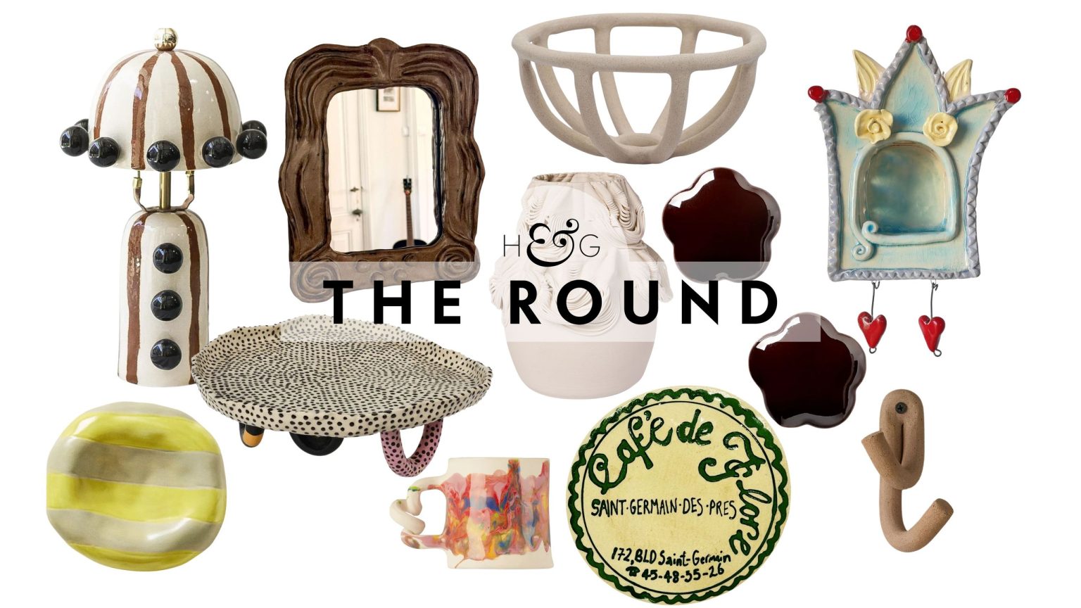 Si ce n’est pas imparfait, c’est fini – Pourquoi les designers new-yorkais sont obsédés par les céramiques funky (plus 16 pièces que nous aimons) Funky ceramics, including a striped table lamp, trinket dish, cake stand, wall mirror, coaster, mug, wall hooks, and more pictured against a white background