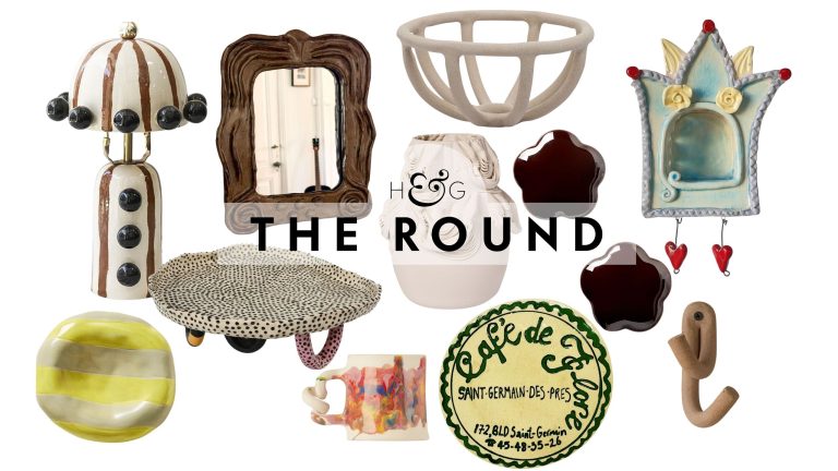 Funky ceramics, including a striped table lamp, trinket dish, cake stand, wall mirror, coaster, mug, wall hooks, and more pictured against a white background