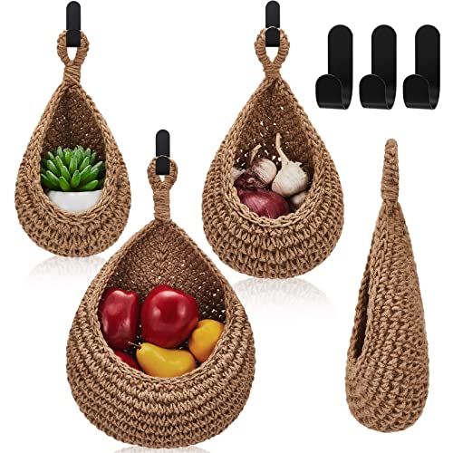 Honeydak Lot de 3 paniers muraux suspendus style bohème pour cuisine, paniers en forme de larme avec crochets de rangement pour fruits, oignons, légumes, pommes de terre pour la maison, 3 tailles (lin, larme, jute)