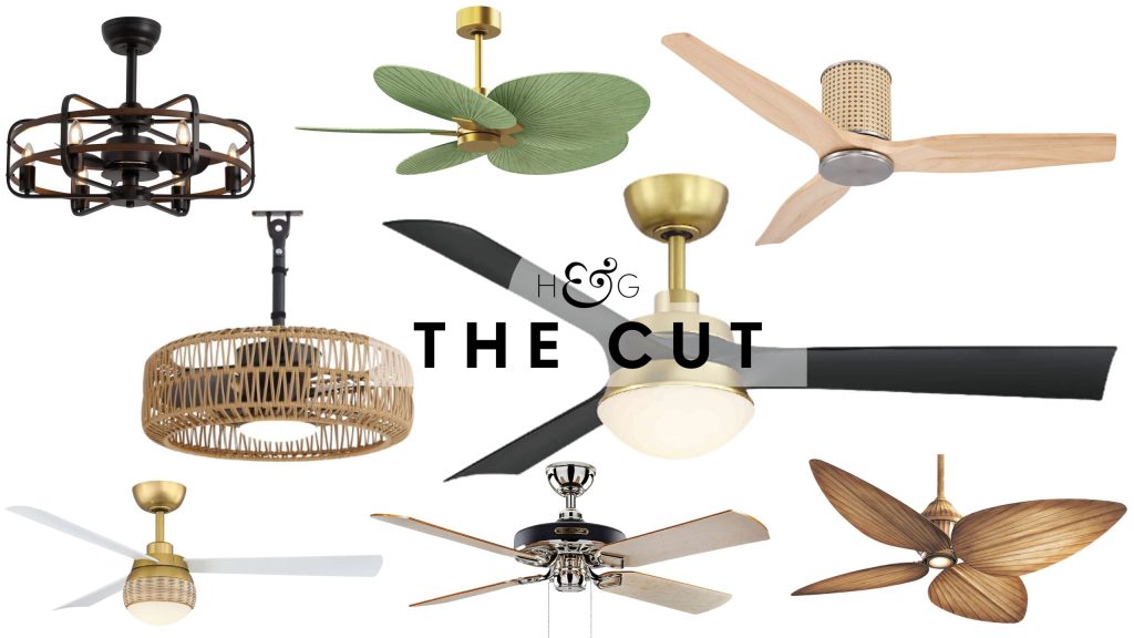Stylish outdoor ceiling fans in various styles, ranging from farmhouse to boho, pictured against a white background