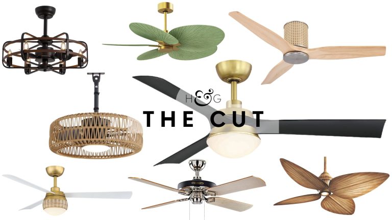 Stylish outdoor ceiling fans in various styles, ranging from farmhouse to boho, pictured against a white background