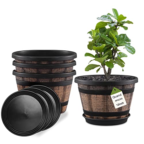 Ensemble de pots de plantes Quarut de 4 paquets de 12 pouces, grandes jardinières en tonneau de whisky avec trous de drainage et amp; Soucoupe.pots de fleurs en plastique imitation tonneau de vin, pour intérieur et extérieur. Plantes d'extérieur pour jardin (marron)