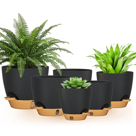 Fiason Lot de 6 pots de plantes à arrosage automatique, noirs avec base marron, 5/5,5/6/6,5/7/8 pouces, avec rebord d'arrosage, trous de drainage et amp; Soucoupe amovible, pour plantes d'intérieur et d'extérieur