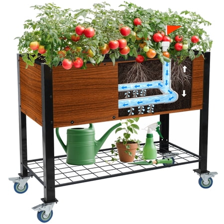 Lit de jardin surélevé avec pieds et roues, jardinière à arrosage automatique, lit surélevé de 36 x 16 x 30 po avec étagère de rangement et amp; Crochets de suspension pour légumes et amp; Herbes