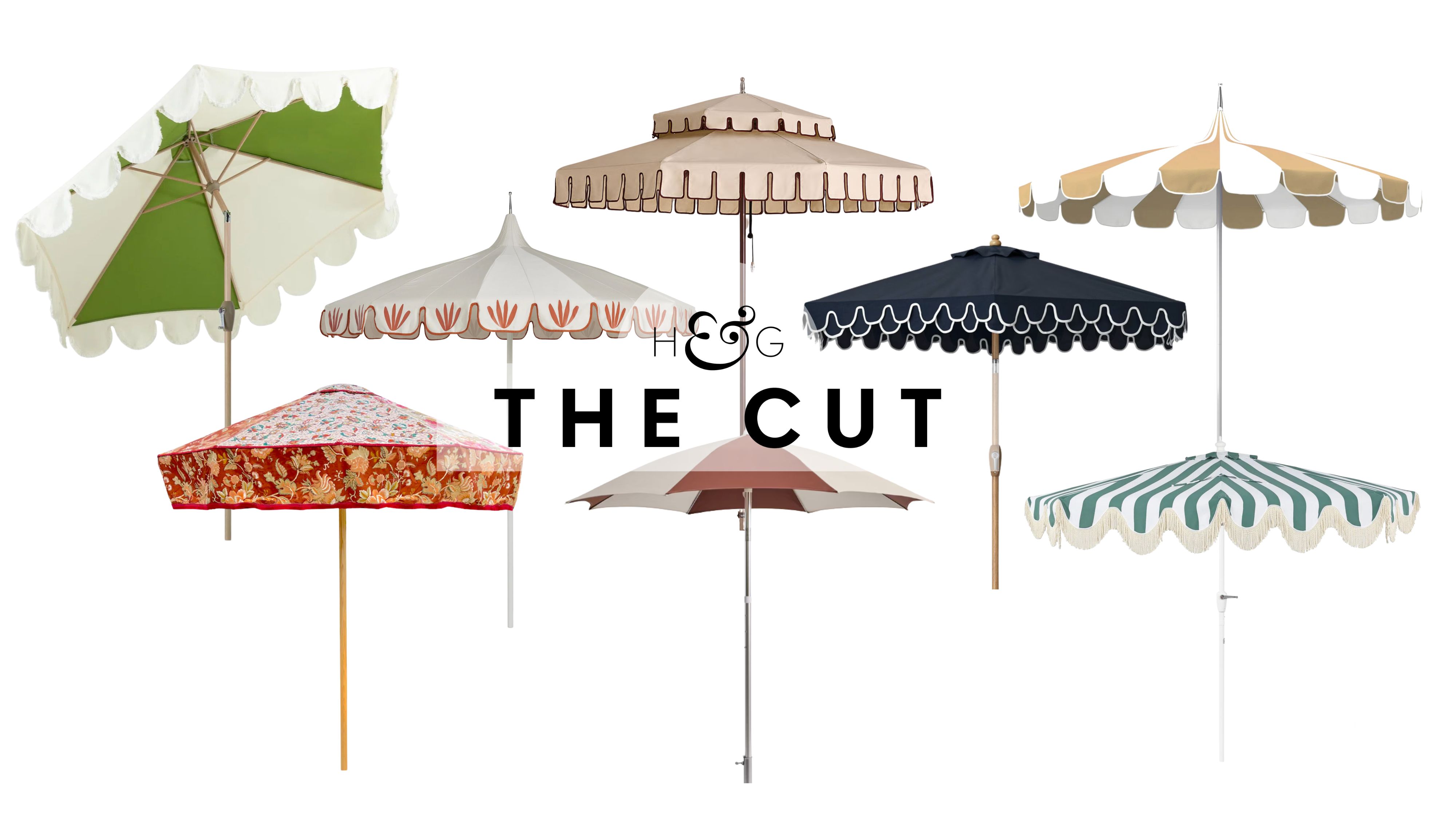 Parasols d'extérieur, présentant des styles comprenant des détails tels que des franges, des pétoncles, des rayures et des fleurs, représentés sur un fond blanc