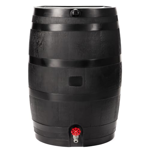 Rts Home Accents Baril de pluie écologique de 50 gallons fabriqué avec du plastique 100 % recyclé, baril de collecte d'eau de pluie à dos plat, noir