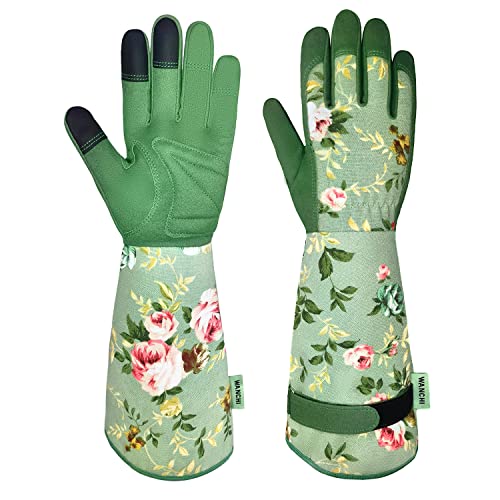 Gants de jardinage Wanchi, gants de jardin longs pour femmes durables et confortables pour les travaux de jardinage et les travaux de jardinage, gants de jardinage en cuir pour femmes, imprimé vert (moyen)