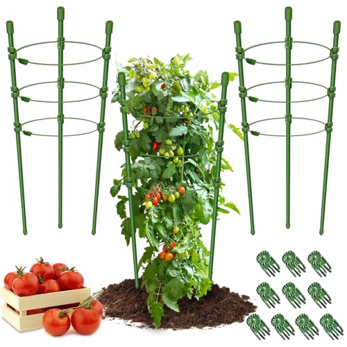 Legigo Lot de 3 cages de support pour plantes, cage à tomates pour jardin - 45,7 cm réglables en treillis de concombre de jardin, anneaux de support en treillis pour plantes grimpantes, pots, plantes d'intérieur avec 10 clips pour plantes