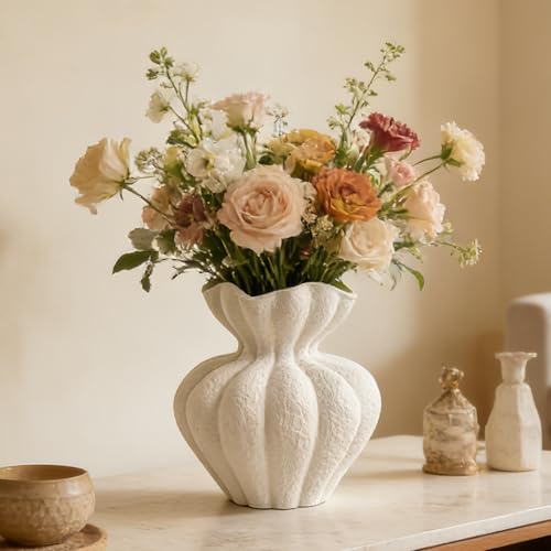 Decovlog Vase en céramique blanche de 20,3 cm, vase à fleurs blanc style bohème moderne pour la décoration de la maison, vase unique pour la ferme, le salon, l'armoire, les centres de table, les décorations de mariage