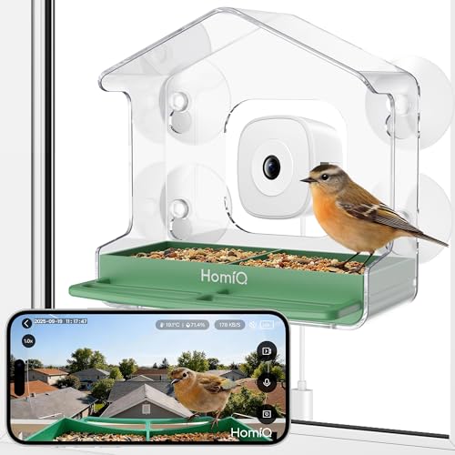 Mangeoire à oiseaux intelligente Homiq Life avec caméra de fenêtre, caméra Hd 2k pour l'observation par fenêtre, reconnaissance et reconnaissance des espèces d'oiseaux par Ai Alertes instantanées, extérieur en acrylique robuste, compatible Alexa, cadeau pour les amoureux des oiseaux