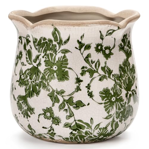 Behen Bahen Pot de fleurs vintage en céramique avec trous de drainage, motif floral vert, 15,5 cm, style toscan vieilli, pot de fleurs d'intérieur et vase (vert)