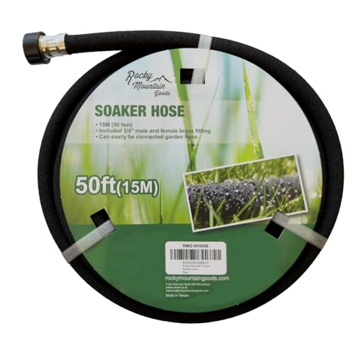 Rocky Mountain Goods Tuyau de trempage – Caoutchouc robuste – Économise 70 % d'eau – Embout inclus pour un raccordement de tuyau supplémentaire – Idéal pour les jardins/parterres de fleurs – Raccords renforcés (50 pieds par 5/8 pouces)