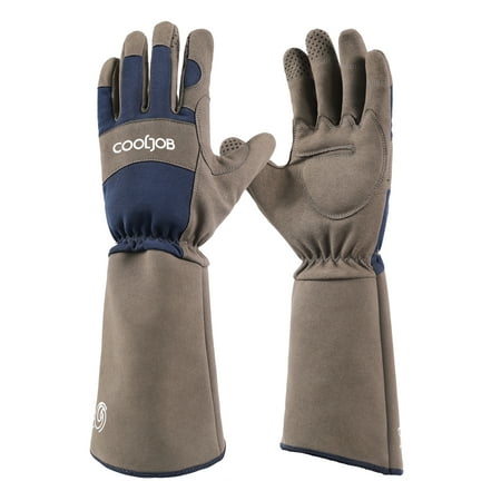 Cooljob Gants de jardinage anti-épines pour taille de roses, gants anti-crevaison à manches longues avec protection de l'avant-bras pour femmes et hommes, grande taille, bleu marine et blanc Gris (1 paire L)