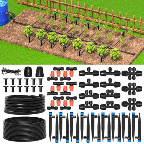 Mixc Kit d'irrigation micro goutte à goutte pour serre Système d'irrigation automatique Système d'arrosage pour plantes de brumisation de patio avec tuyau d'irrigation de 1/4 pouce 1/2 pouce Émetteurs de buse réglables Raccords barbelés