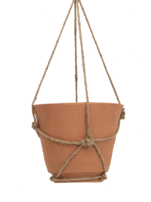Jardinière suspendue en terre cuite et jute