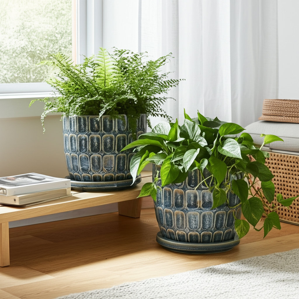 Winston Porter Pots de fleurs en grès et soucoupe en céramique avec texture géométrique en relief, design décoratif moderne, forme ronde élégante, accent d'affichage polyvalent, ensemble de 2 et 4 pièces. Commentaires | Wayfair