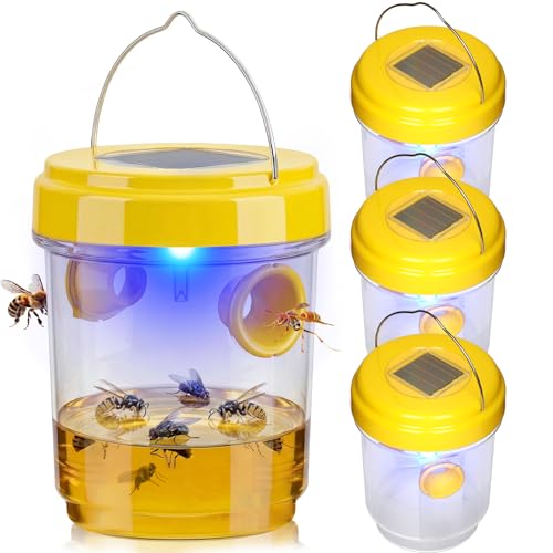 Piège à guêpes suspendu à l'extérieur, lot de 4, piège à veste jaune, pièges à abeilles à énergie solaire, pièges à abeilles charpentières pour l'extérieur, attrape-frelon réutilisable avec lumière LED pour jardin, ferme et amp; Verger