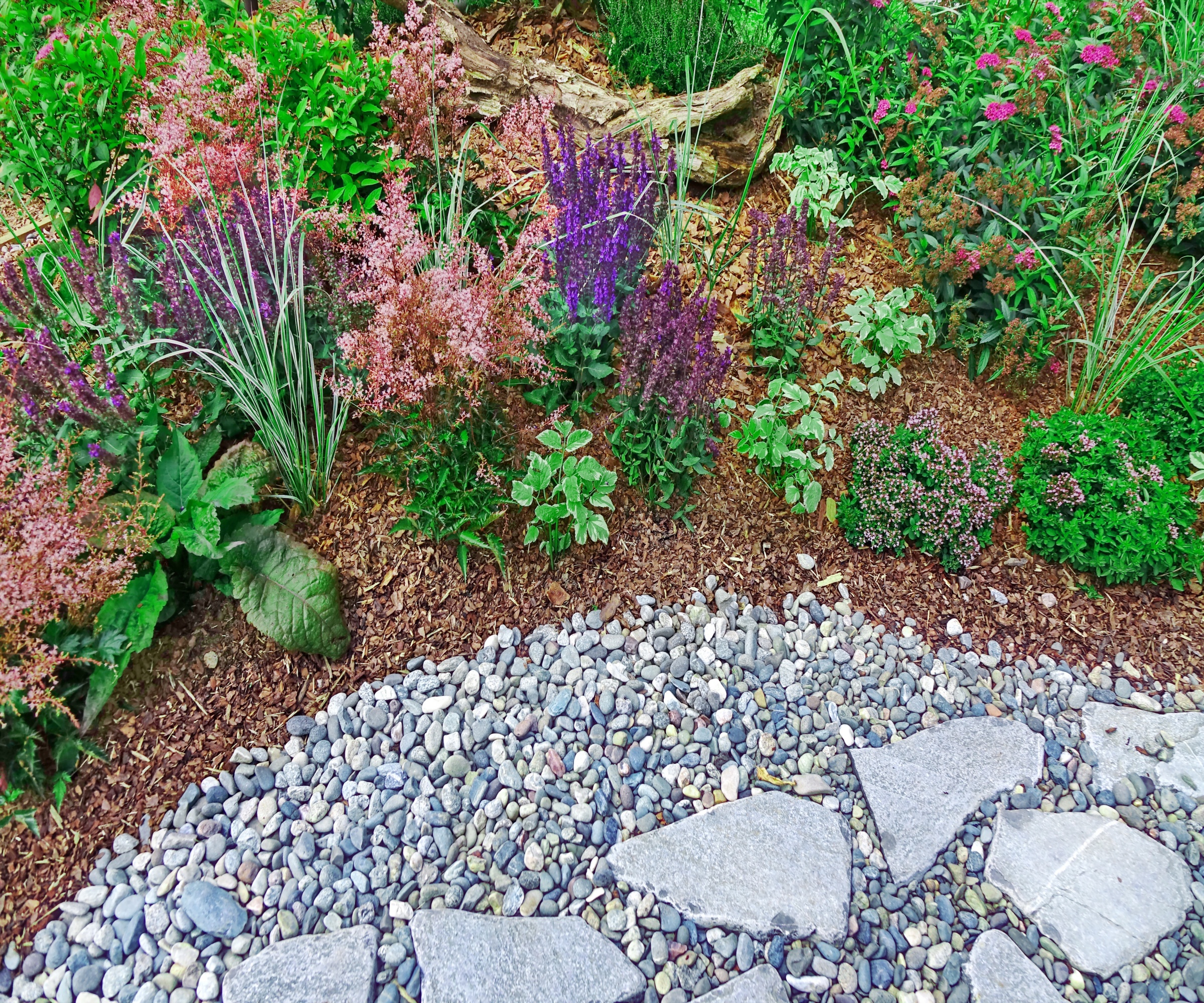 Jardin soigné avec bordure paillée de copeaux d'écorce à côté d'un chemin de gravier et de pierre