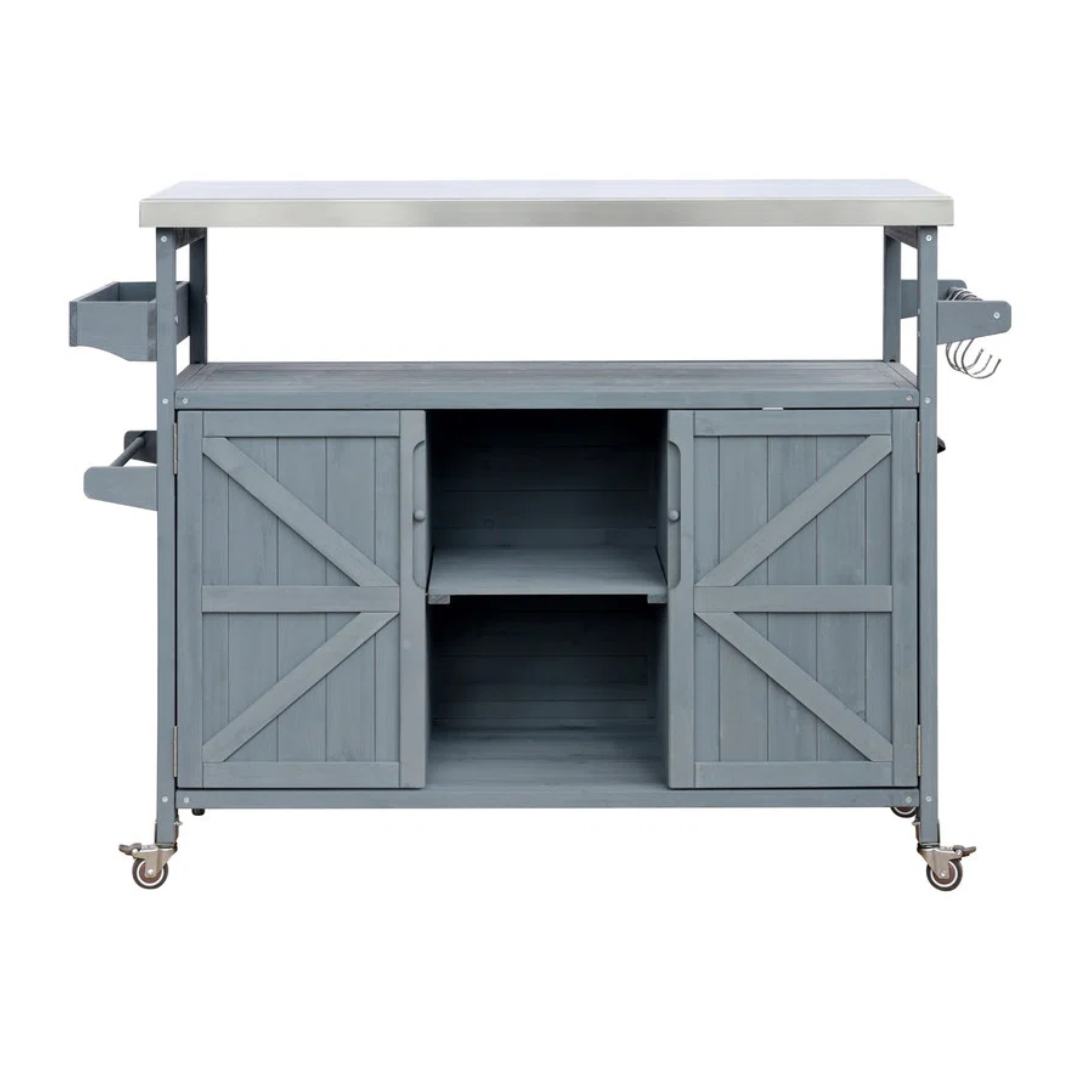 Îlot de cuisine extérieur Polyfurniture, chariot à bar roulant et amp; Armoire de rangement, table de gril extérieure en bois massif de ferme avec dessus en acier inoxydable,