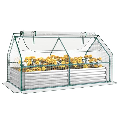 Lit de jardin surélevé Miory avec couverture en PE, jardinière galvanisée de 6 x 3 x 1 pi pour l'extérieur avec couverture de serre, 2 grandes fenêtres à moustiquaire à fermeture éclair pour légumes, fleurs, comprend des étiquettes et des étiquettes. Gants