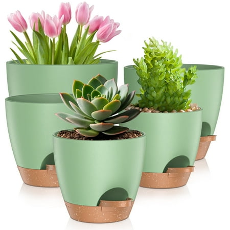 Paquet de 5 pots de plantes à arrosage automatique, jardinières en plastique avec trous de drainage et soucoupes, pots de fleurs pour plantes de jardin intérieures et extérieures, 7/6,5/6/5,5/5 pouces （vert）