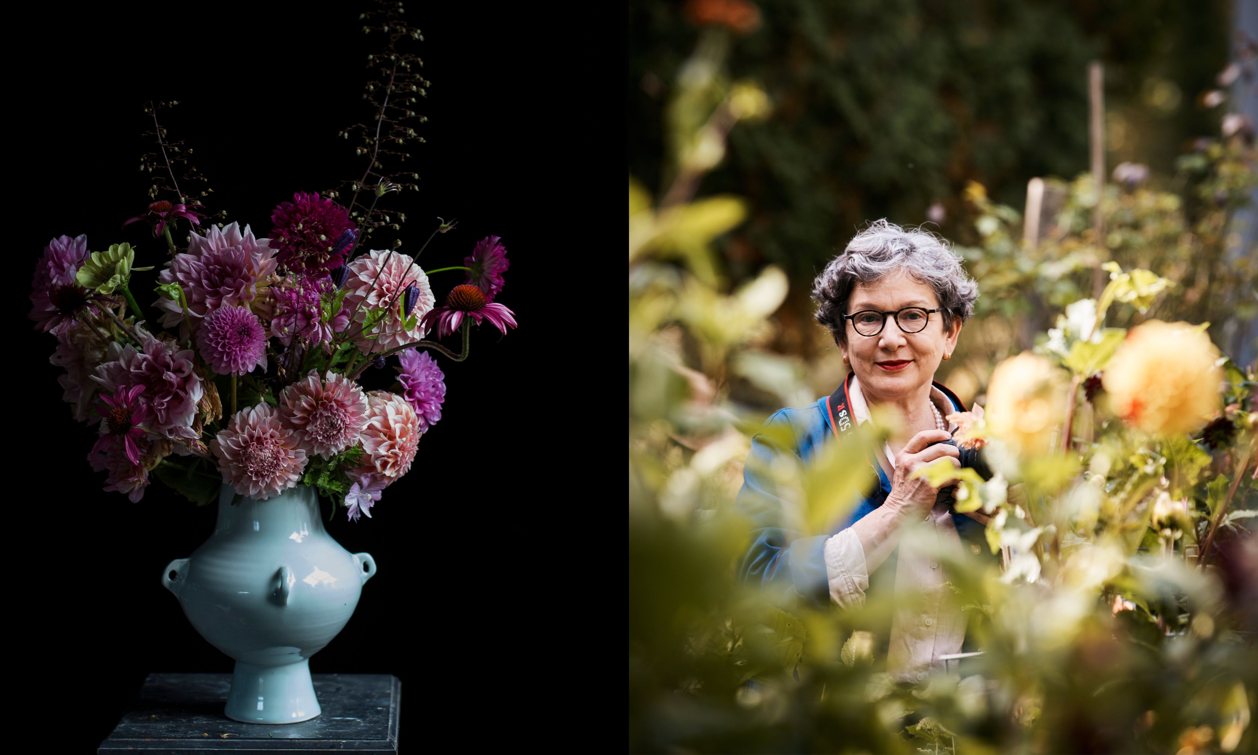 À gauche : la composition florale de Frances Palmer. À droite : Frances Palmer au milieu des fleurs de son jardin