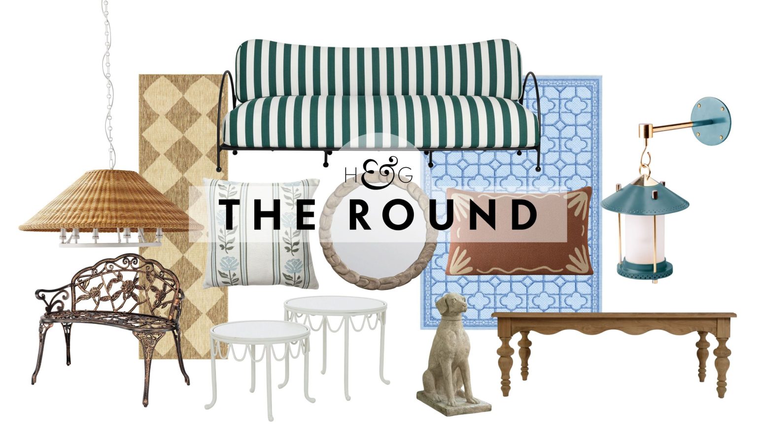 24 charmantes trouvailles de décoration de porche qui vous donneront envie de vous asseoir dehors tout l’été Chic summer porch decor, including whimsical wrought iron seating, patterned outdoor rugs, a garden bench, and throw pillows, pictured against a white background