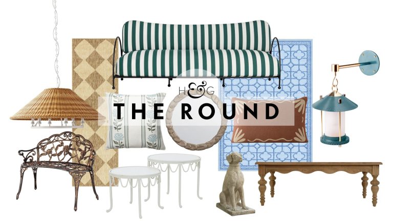 Chic summer porch decor, including whimsical wrought iron seating, patterned outdoor rugs, a garden bench, and throw pillows, pictured against a white background