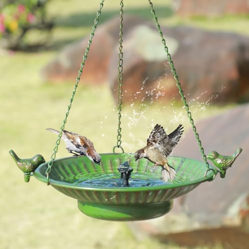 Bain d'oiseaux suspendu à fontaine solaire, bain d'oiseaux en métal avec fontaine à énergie solaire, barboteur de bain d'oiseaux pour jardin, Patio et amp; Cour.