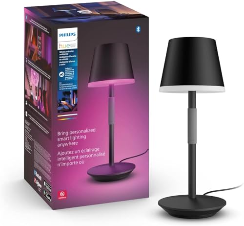 Philips Hue Go Smart Lampe de table portable, lot de 1, lumière LED d'ambiance noire, blanche et colorée à changement de couleur, lampe LED intelligente pour une utilisation intérieure et extérieure, contrôle avec l'application Hue ou assistant vocal