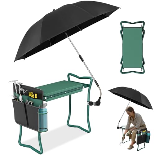 Oaoa Innovation Genouillère de jardin 2-en-1 avec parapluie, banc à genoux et amp; Parapluie noir, tabouret portable, capacité de 330 lb, sac à outils de jardin avec porte-bouteille, cadeau de jardinage pour hommes, femmes et personnes âgées